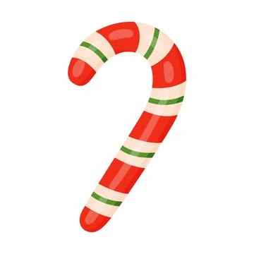 Traditional candy cane with red, white, and green stripes. Colorful flat styl Stock Illustration