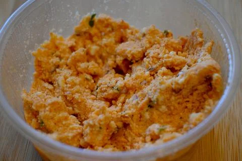 Traditional cheese spread in container close-up with copy space Fotos Stock