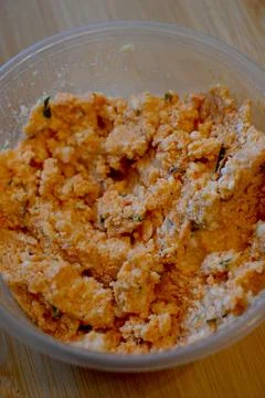 Traditional cheese spread in container close-up with copy space Fotos Stock