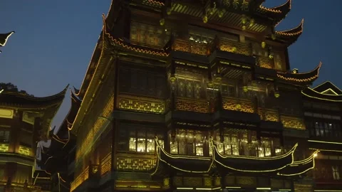 Traditional Chinese Architecture with lights, Xi'an, China Stock Footage