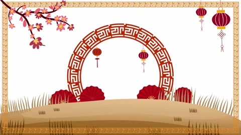 Traditional Chinese gate landscape with cherry blossoms and lanterns Stock Footage 318734169