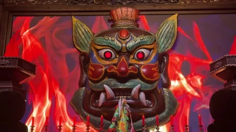 Traditional Chinese temple interior with digital masks Stock-Footage 341576799