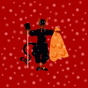 Traditional Christmas devil figure on red background with shining snowflakes Stock Illustration