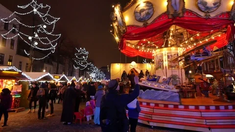 Traditional Christmas Fair Crowded in Brussels Stock Footage