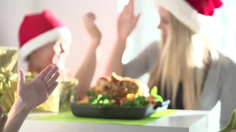 Traditional Christmas holiday dinner. Happy big family celebrating Christmas Stock Footage