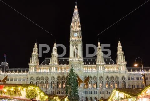Traditional Christmas market at Rathaus in Vienna at night Stock Photos