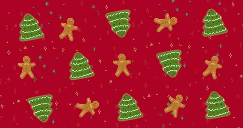 Traditional Christmas pattern with Christmas trees, gingerbread men moving Stock Footage 140740904