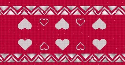 Traditional Christmas pattern with multiple hearts against red background 스톡 일러스트
