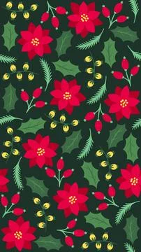 Traditional Christmas Seamless Pattern with Red Flowers Holly Leaves Yellow.. Stock Illustration