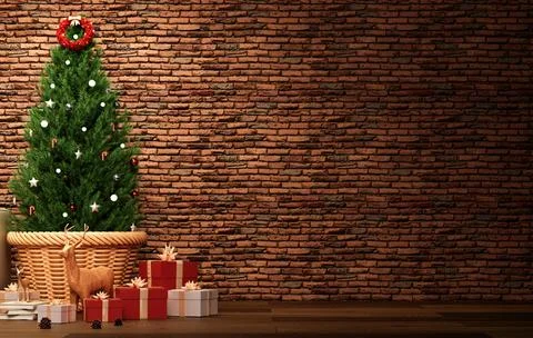 Traditional Christmas Tree with Brick Backdrop and Gifts 3D Render Stock Illustration