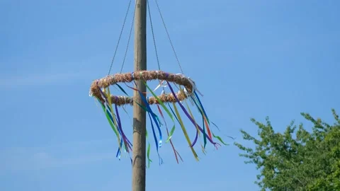 Traditional circle with ribbons on the pole develop in the wind. Stock Footage 219883461