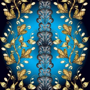 Traditional classic golden pattern on gray, black and blue colors with golden el Ilustração Stock