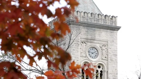 Traditional clock tower with fall foliage in foreground, day. Stock-Footage 106880844