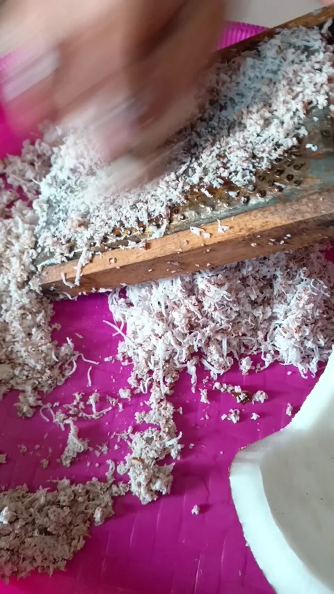 Traditional coconut grating process for food preparation. Stock-Footage 335019591