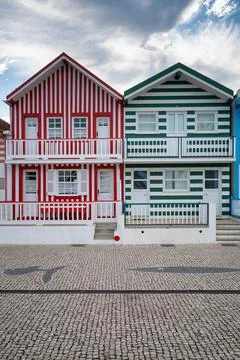 Traditional color striped houses near the Costa Nova beach in Aveiro, Centro, Stock Photos
