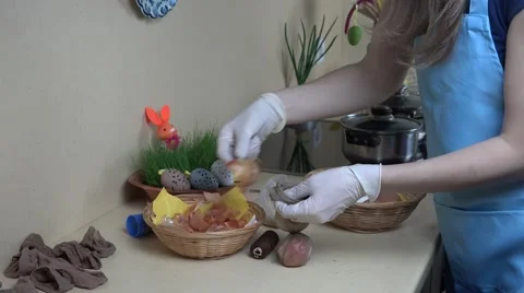 Traditional coloring Easter eggs with onion shell Stock Footage 67962257
