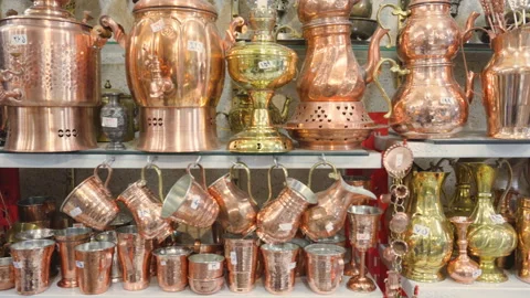 Traditional copper cookware at Tajrish Bazaar of Tehran, Iran Stock Footage 99525878