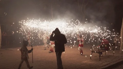 Traditional correfoc and devils performance in Catalonia, Spain. Stock Footage 96263465