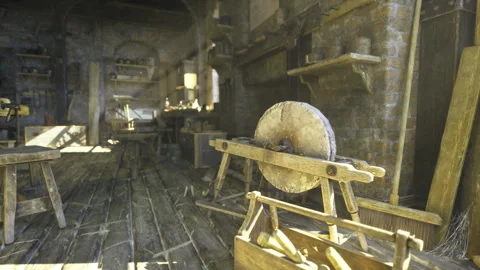 Traditional craft workspace. Oldfashioned carpentry workshop ambiance Stock Footage 341821935
