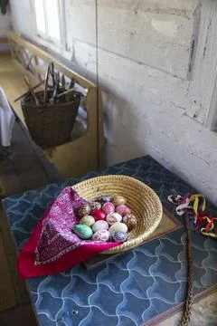 Traditional Czech Easter eggs and pomlazka in Kourim Foto stock