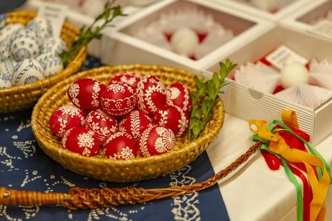 Traditional Czech Easter eggs and pomlazka from Vesely Kopec Stock Photos