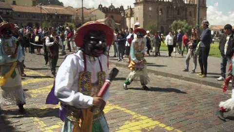Traditional dance and costume parade in Cusco, Peru Stock Footage