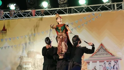 Traditional dance between dancers and puppets, Thailand Stock Footage 102766374