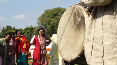 Traditional Dance Celebration to the Rhythms of Dhol and Damau in Uttarakhand Stock Footage 304329708