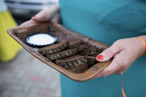Traditional dark bread and salt offering Stock Photos
