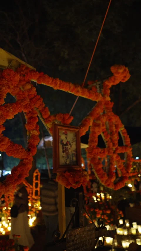 Traditional Day of the Dead altar shaped like a bicycle in Tzintzuntzan. Stock Footage 344883973