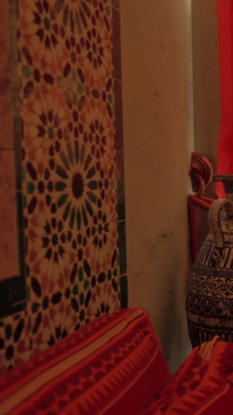 Traditional decor in a cultural space with patterned tiles and pottery Stock Footage 342338402