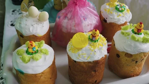 Traditional Decorated Kulich Easter Cakes on a Festive Table Tray Stock Footage 333823063