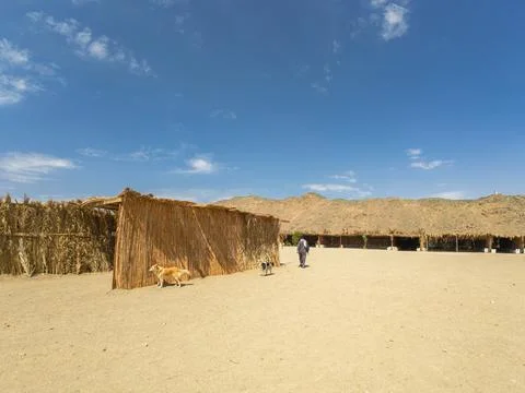 Traditional Desert Camp with Rustic Reed Huts in Rocky Mountain Landscape Stock Photos