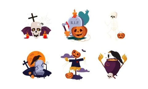 Traditional design elements of Halloween set, scary symbols vector Illustration Stock Illustration