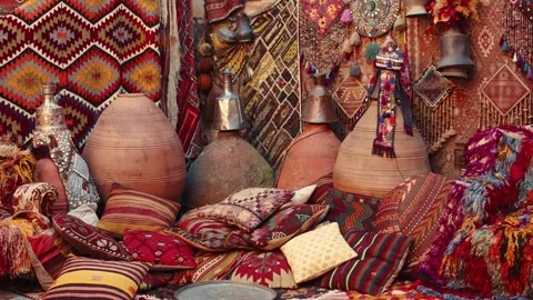 Traditional designed carpets and accessories in Cappadocia.Turkey Stock Footage 262557599