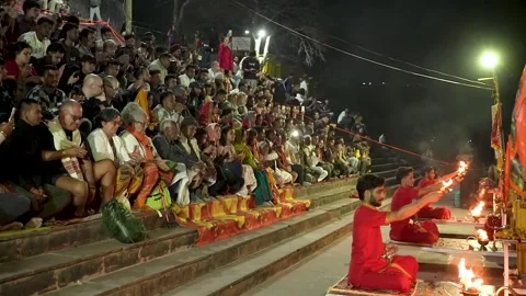 Traditional Devotional Ceremony at Ghat Rishikesh India Stock Footage 337625651