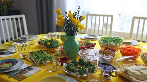 Traditional dishes from Poland for Easter breakfast, lying on the table in the Stock Footage 266130490