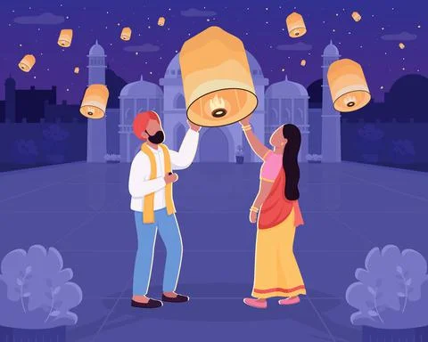 Traditional Diwali celebration flat color vector illustration Stock Illustration