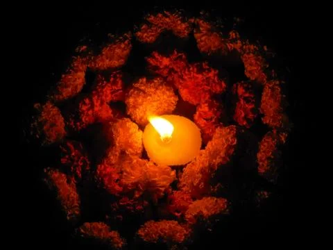 Traditional Diya Lamp Lit with flowers in night In Diwali, Deepabali Stock Photos