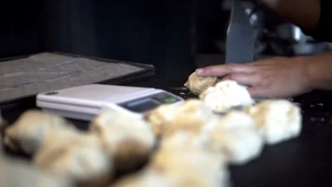 Traditional Dough Preparation Process With Digital Scale on Rustic Kitchen Stock Footage 336388334