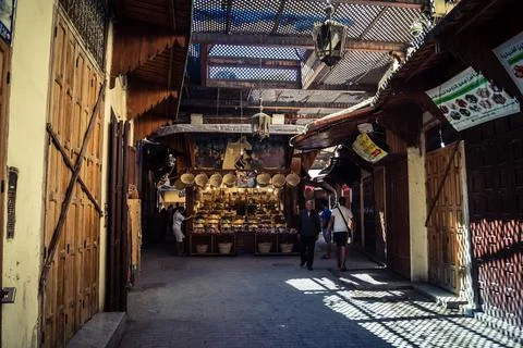 Traditional dried fruit and date shop in the Medina of Fes Stock Photos