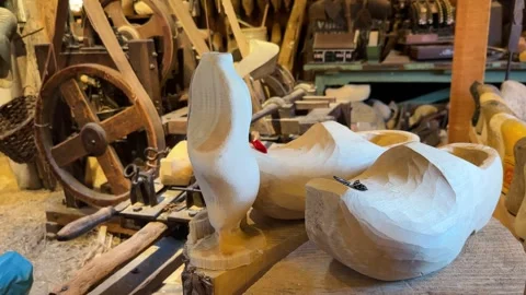 Traditional Dutch clogs or klompen at wooden shoe workshop in Zaanse Schans Stock-Footage 281633257