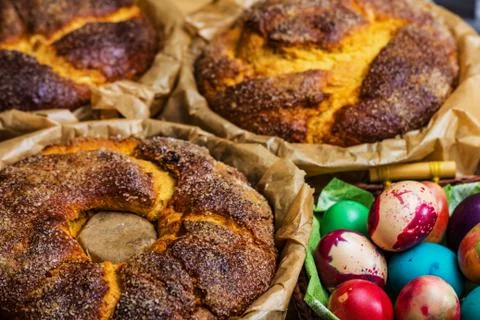 Traditional Easter Bread. ?aster cake with ?aster eggs Stock Photos