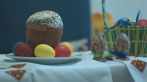 A traditional Easter cake and a basket with Easter eggs Stock Footage 74821042