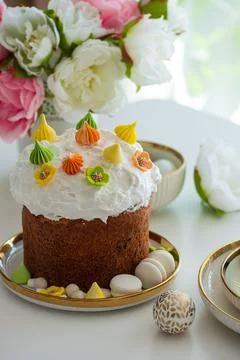 Traditional Easter Cake with Eggs. Festive Holiday Dessert Stock Photos