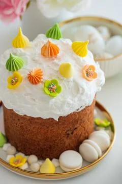 Traditional Easter Cake with Eggs. Festive Holiday Dessert Stock Photos