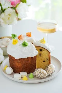 Traditional Easter Cake with Eggs. Festive Holiday Dessert Stock Photos