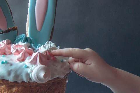Traditional Easter cake with marshmallow and rabbit ears Stock Photos