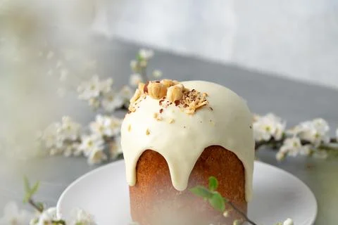 Traditional Easter cake with nuts on gray background Stock Photos