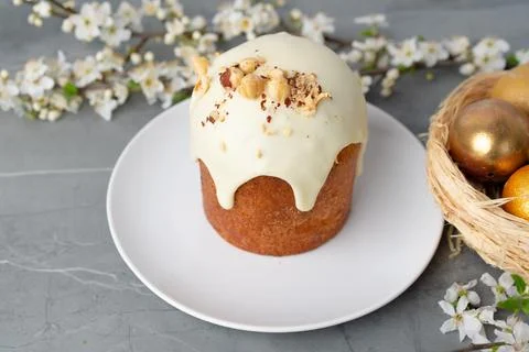 Traditional Easter cake with nuts on gray background Stock Photos